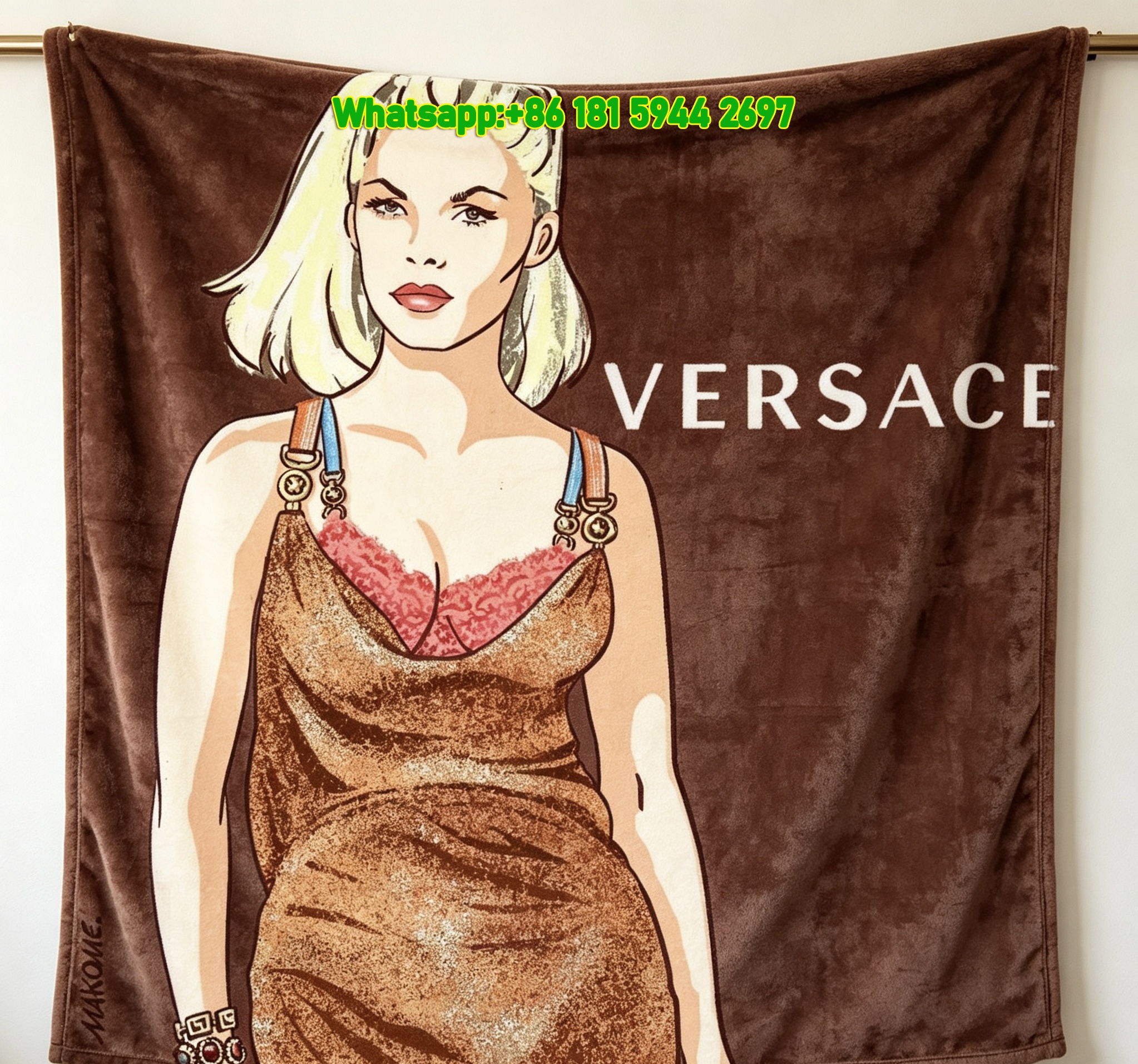 Versace Warm Brown Background Blonde Fashion Illustration Print Flannel Throw Blanket Luxury Sofa Cover Blanket IMG_1677